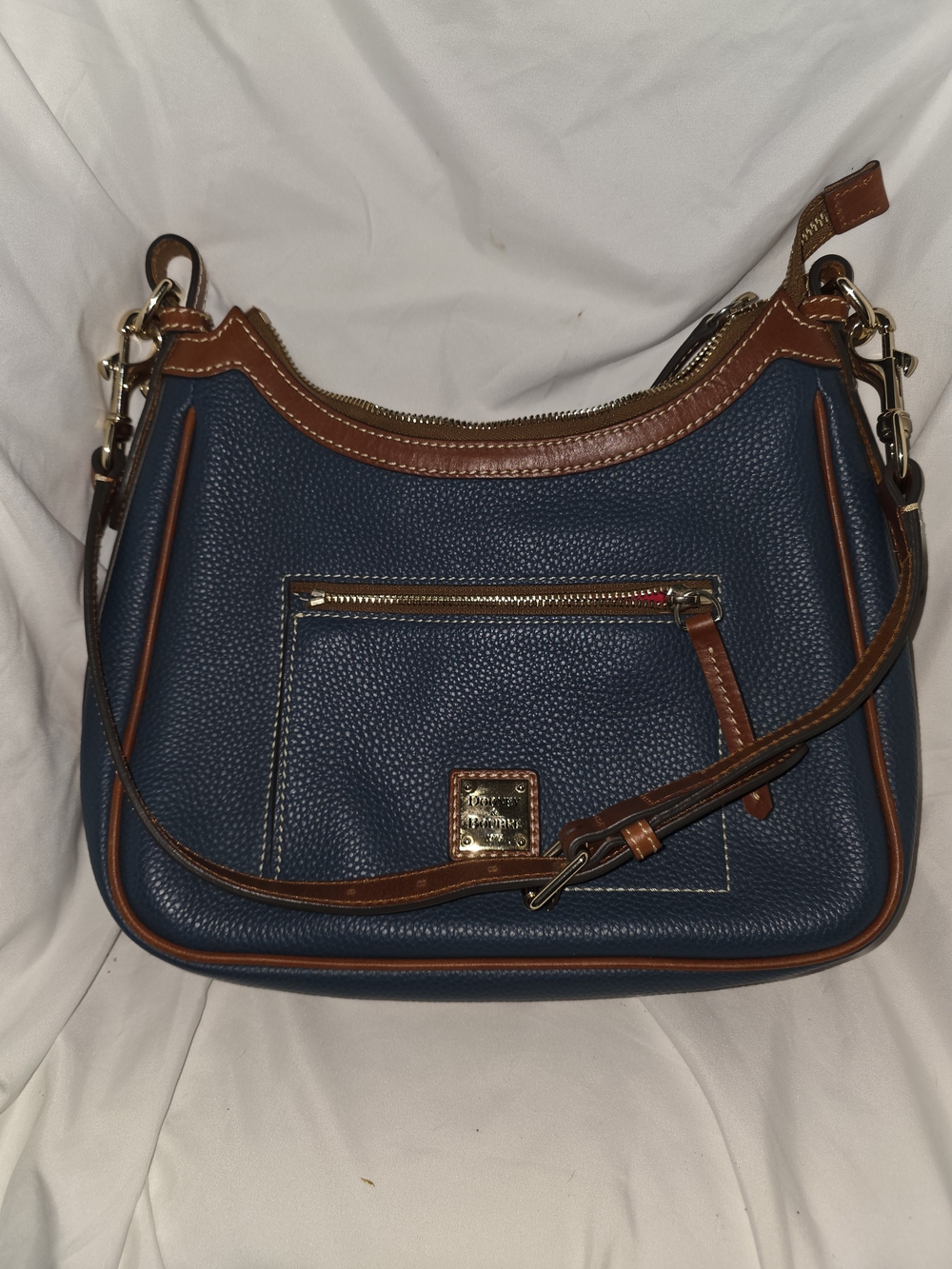 Dooney & Bourke Navy Pebbled Leather Shoulder Bag with Brown Trim